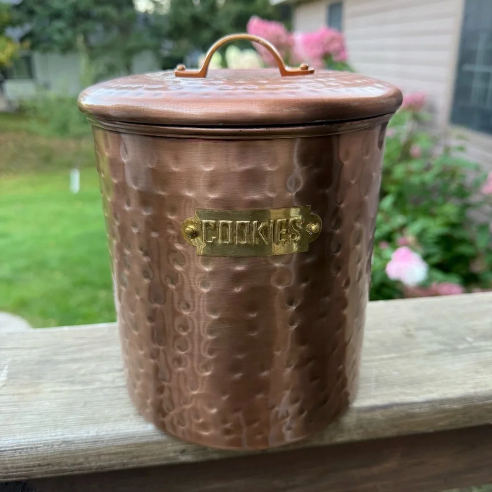 Copper Cookie Canister Made In India Silver Interior New Artisan Cottage Quality